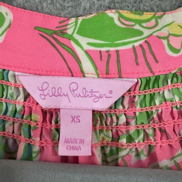 Lilly Pulitzer Top XS Silk Elsa Chin Chin Elephant Pink Ballon Sleeve V-Neck - Picture 2 of 16
